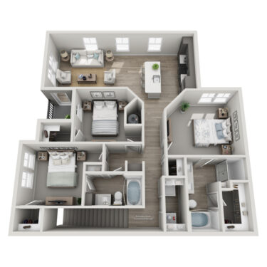 Rendering of the C1-U floor plan with 3 bedroom[s] and 2 bathroom[s] at The Milo (Garden)