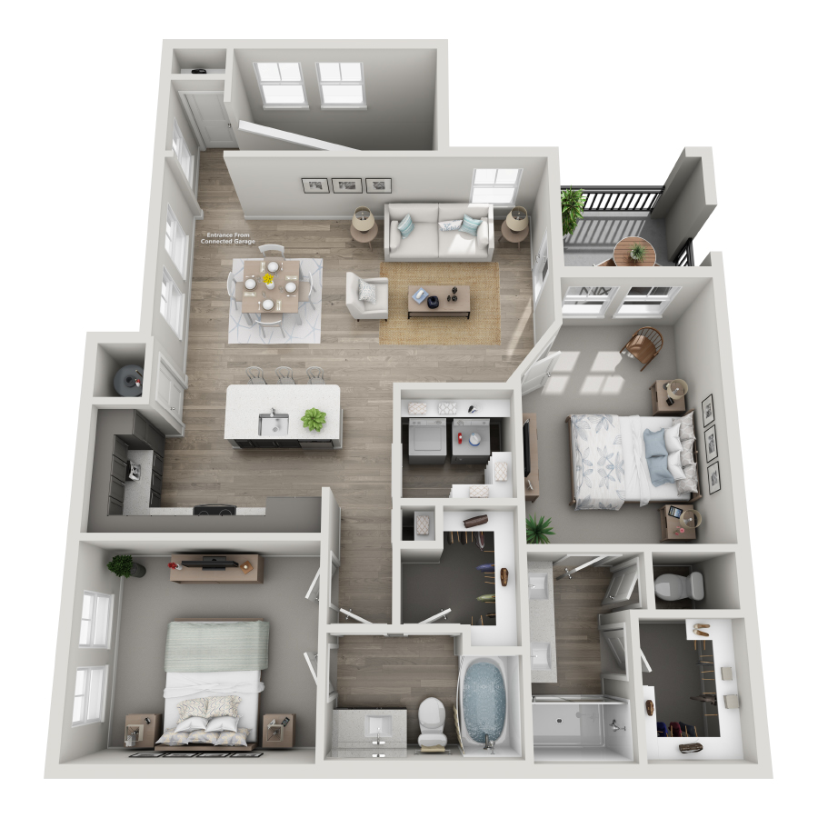 Rendering of the B3-U floor plan with 2 bedroom[s] and 2 bathroom[s] at The Milo (Garden)