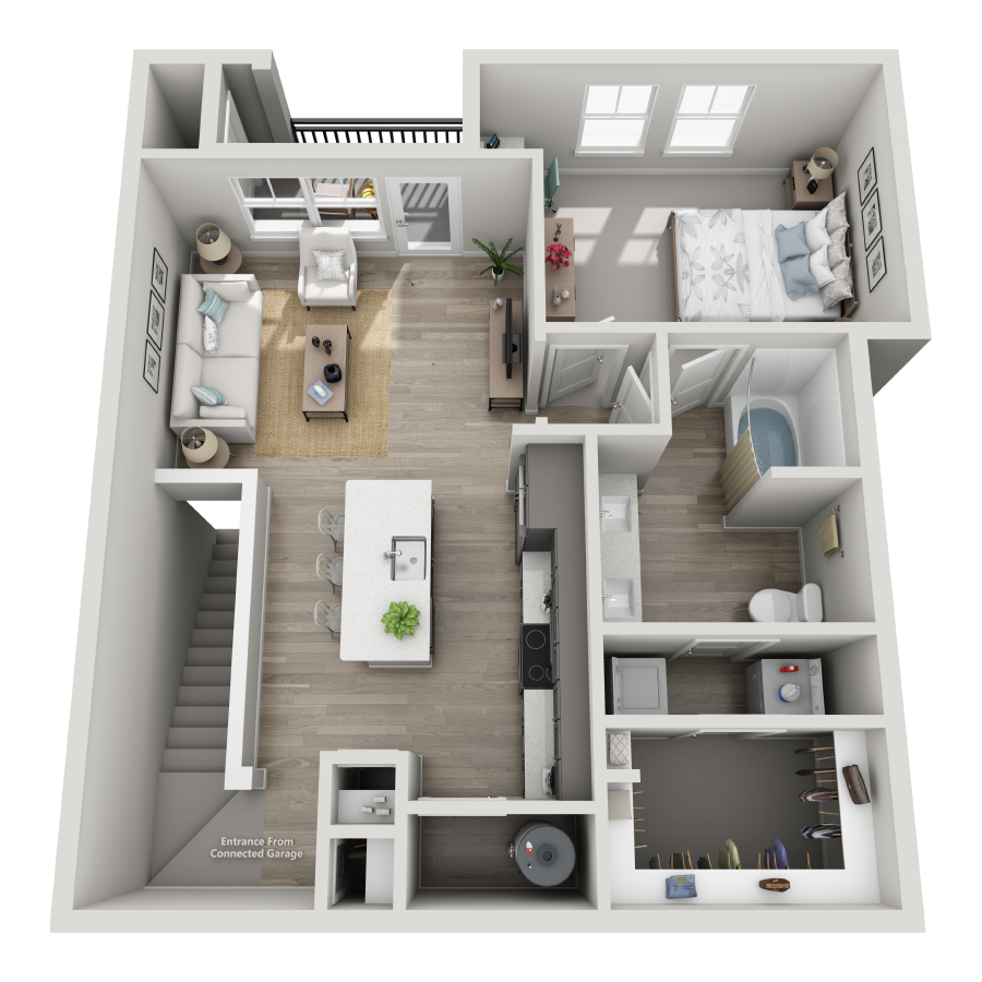 Rendering of the A3-U floor plan with 1 bedroom[s] and 1 bathroom[s] at The Milo (Garden)