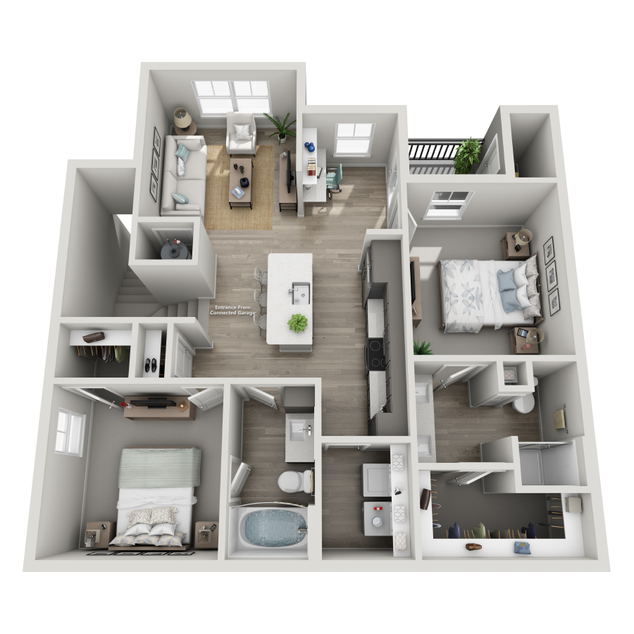 Rendering of the B2-U floor plan with 2 bedroom[s] and 2 bathroom[s] at The Milo (Garden)