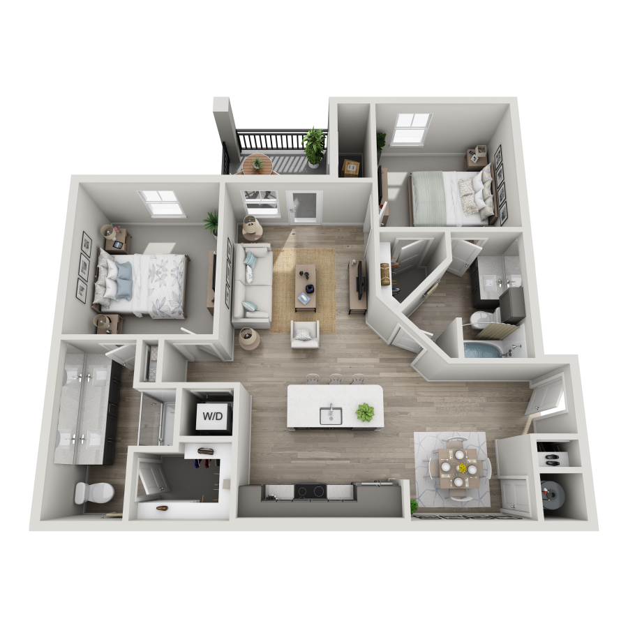 Rendering of the B1 floor plan with 2 bedroom[s] and 2 bathroom[s] at The Milo (Garden)
