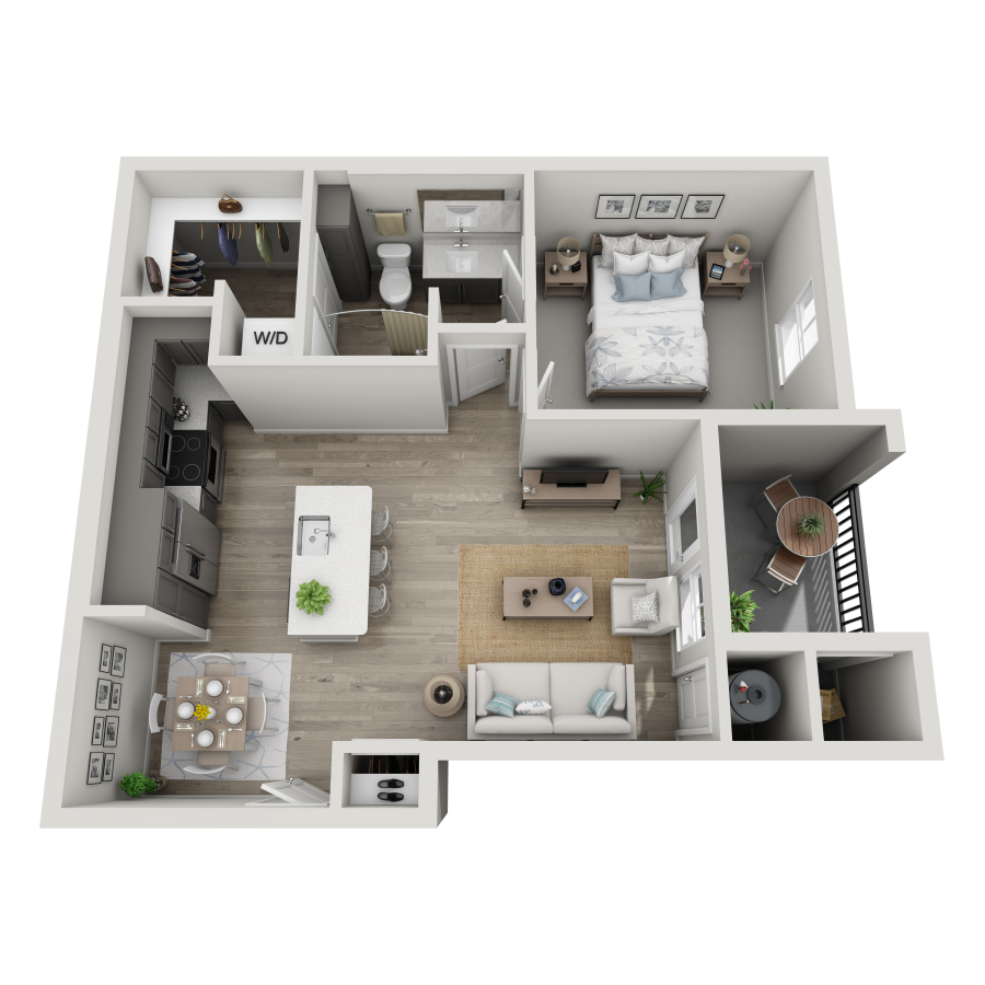 Rendering of the A1 floor plan with 1 bedroom[s] and 1 bathroom[s] at The Milo (Garden)