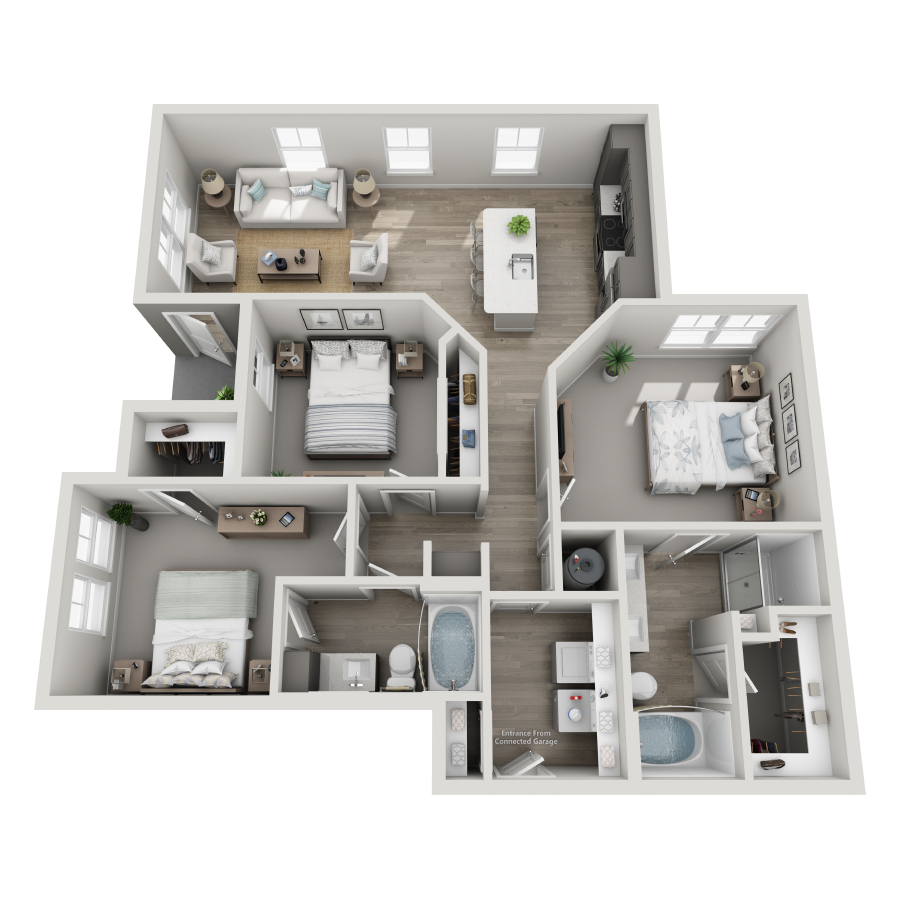 Rendering of the C1-L floor plan with 3 bedroom[s] and 2 bathroom[s] at The Milo (Garden)