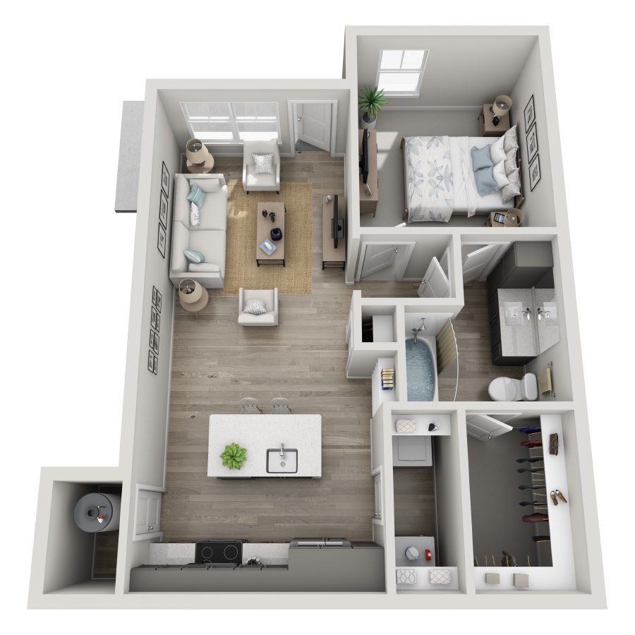 Rendering of the A3-L floor plan with 1 bedroom[s] and 1 bathroom[s] at The Milo (Garden)