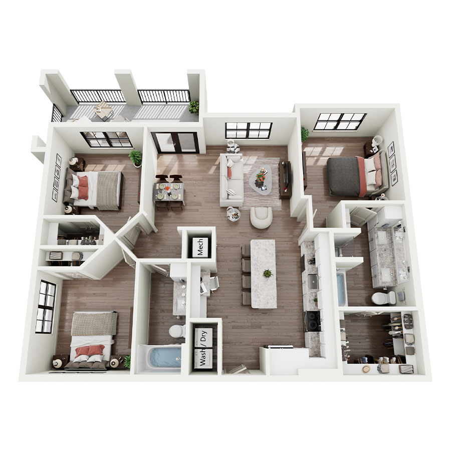 Rendering of the C1 floor plan with 3 bedroom[s] and 2 bathroom[s] at Silo Morrison Ranch