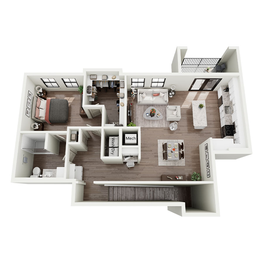 Rendering of the A3C floor plan with 1 bedroom[s] and 1 bathroom[s] at Silo Morrison Ranch