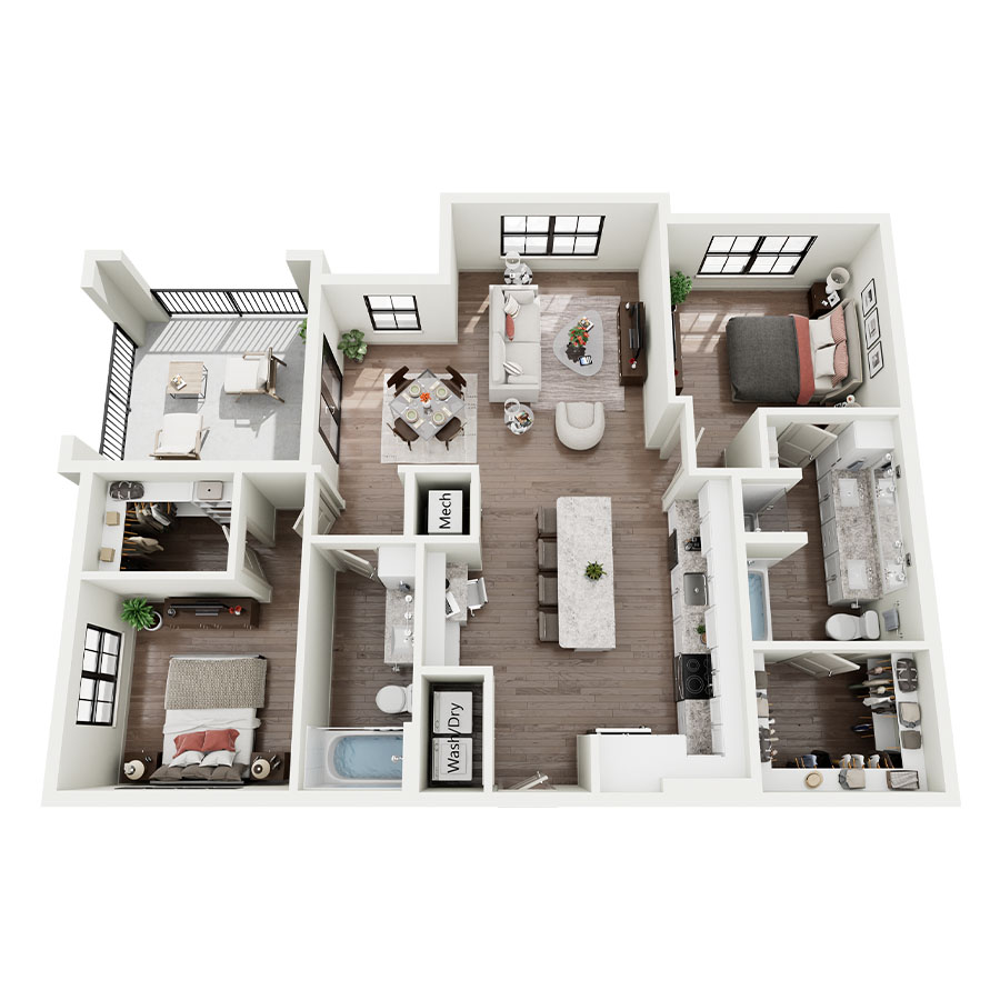 Rendering of the B3 (ANSI) floor plan with 2 bedroom[s] and 2 bathroom[s] at Silo Morrison Ranch