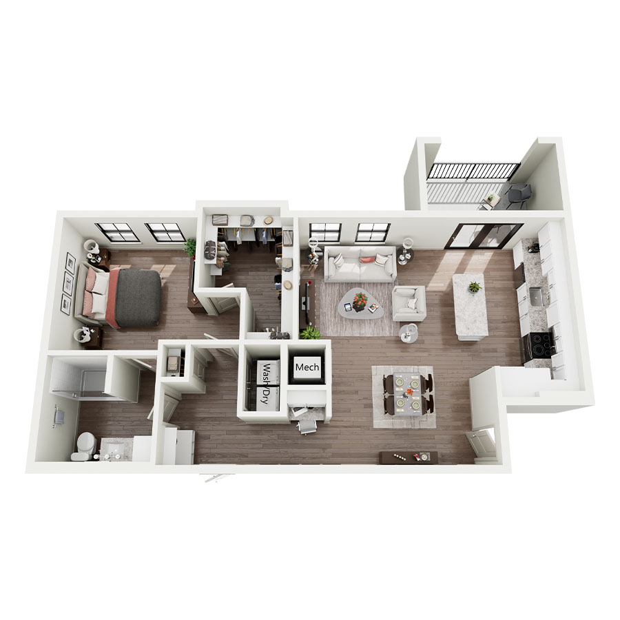 Rendering of the A3 floor plan with 1 bedroom[s] and 1 bathroom[s] at Silo Morrison Ranch