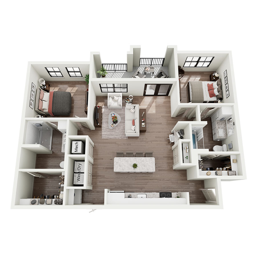 Rendering of the B2A floor plan with 2 bedroom[s] and 2 bathroom[s] at Silo Morrison Ranch