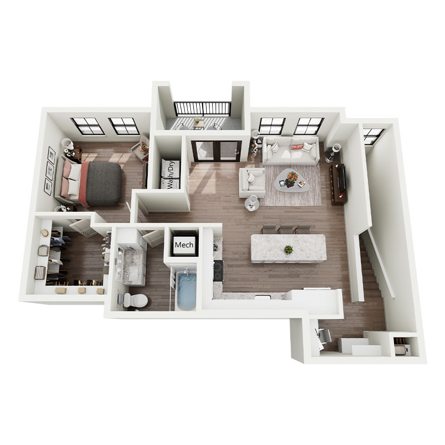 Rendering of the A2 floor plan with 1 bedroom[s] and 1 bathroom[s] at Silo Morrison Ranch